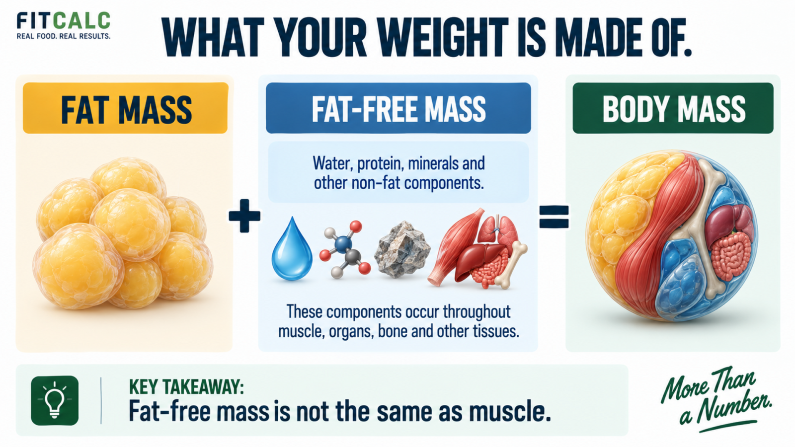 Body mass separated into fat mass and fat-free mass, with non-fat components distinguished from tissues.