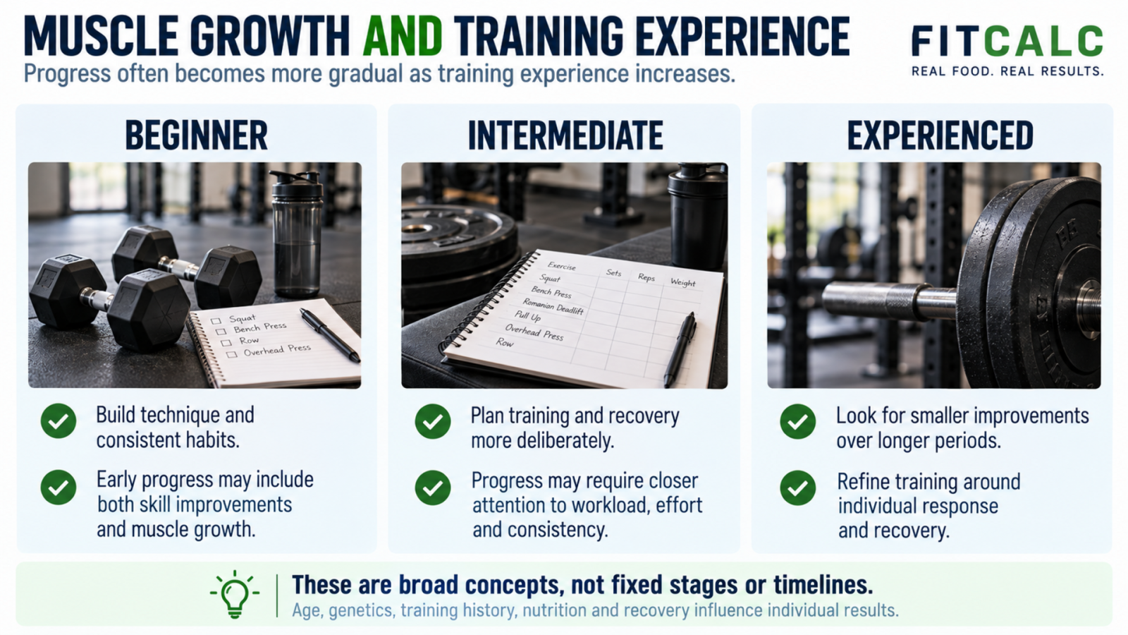 Qualitative illustration of progress across early, intermediate and experienced stages of resistance training.