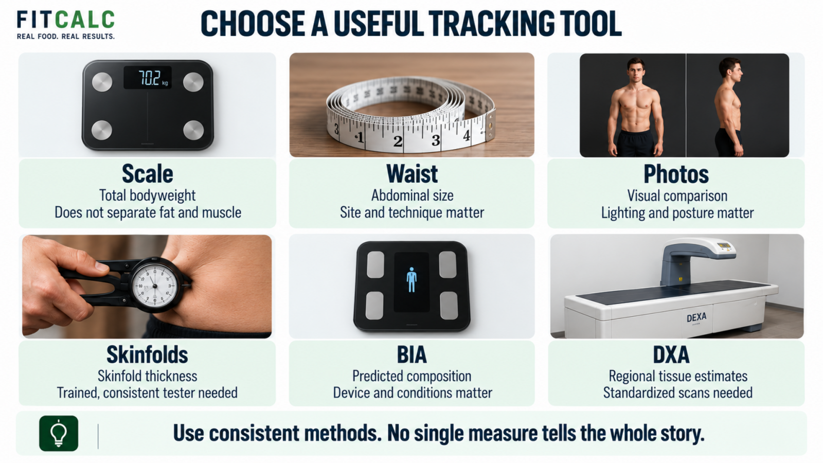 Six body-composition tracking tools and their limitations: scale, waist, photos, skinfolds, BIA and DXA.