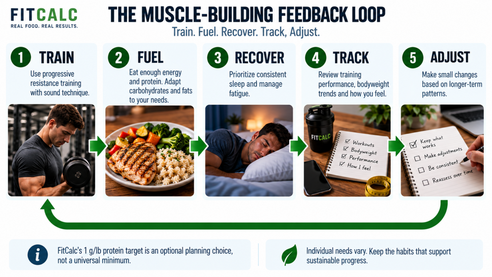 Muscle-building planning cycle: train, fuel, recover, track and adjust.