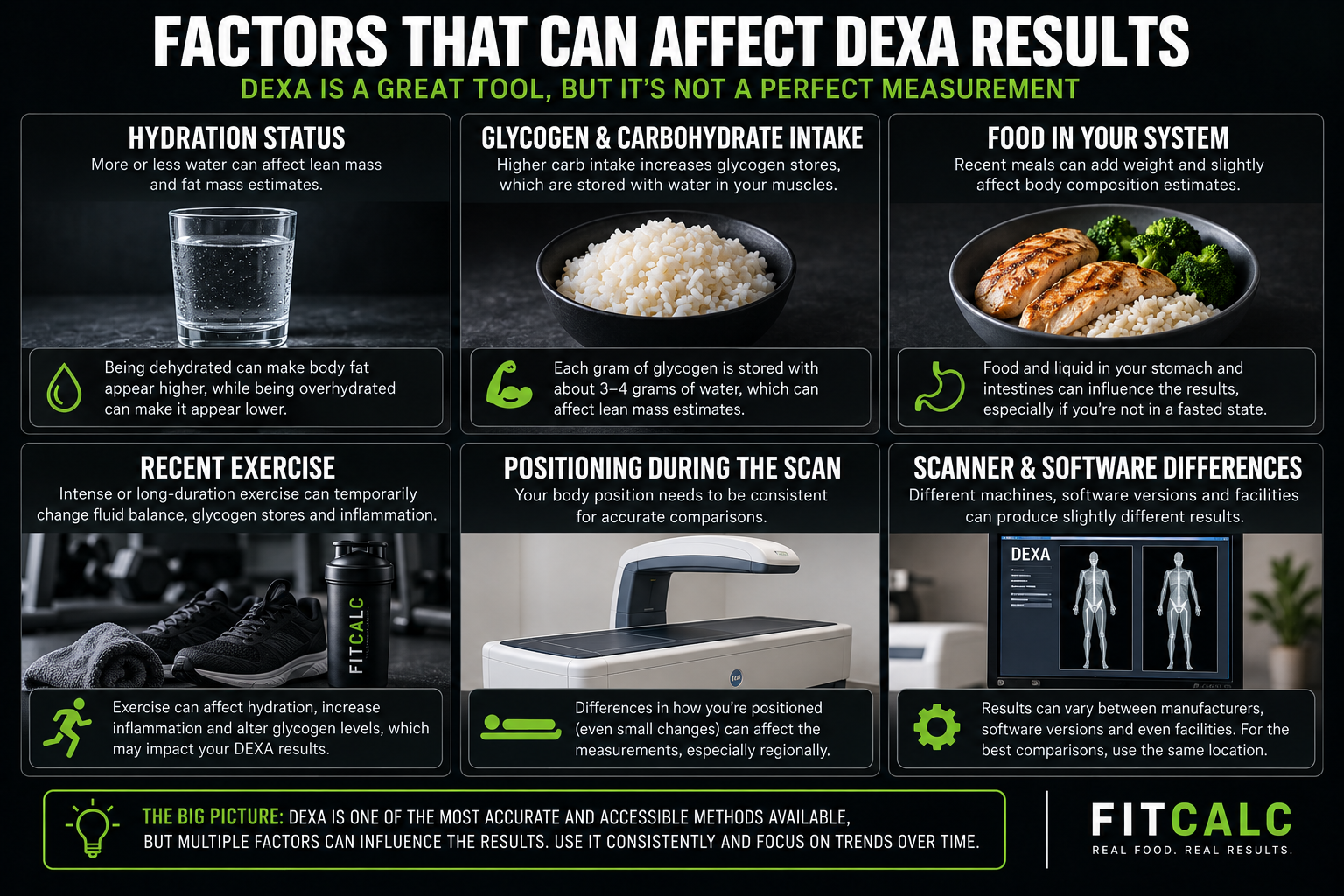Graphic showing different factors that can affect DEXA results