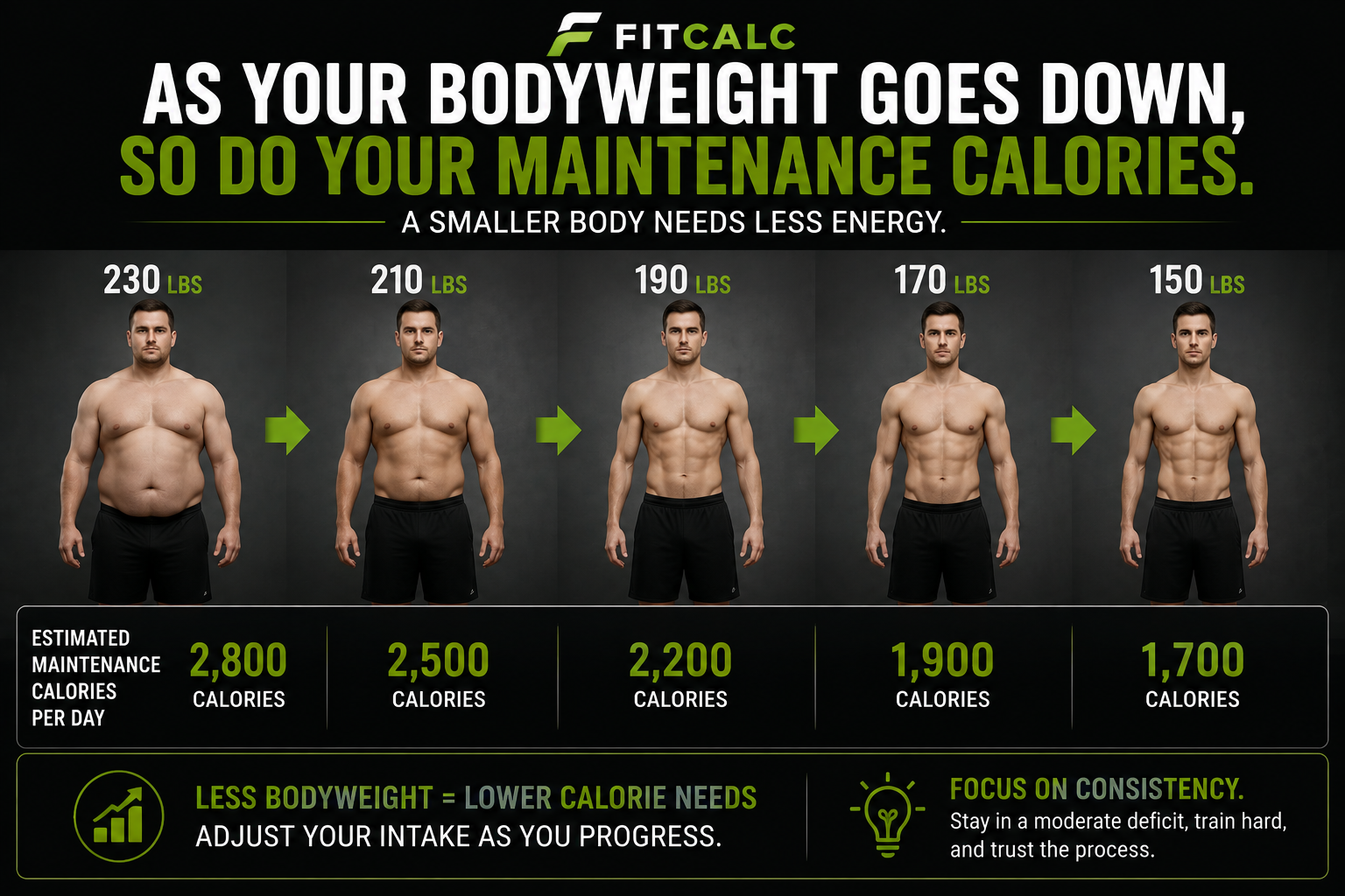 Graphic showing your daily calories decreasing as you lose weight