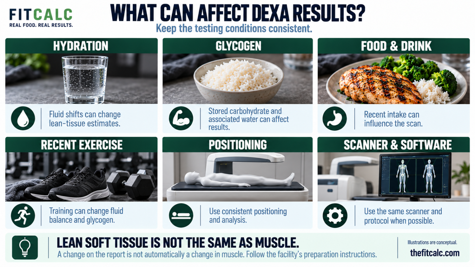 Six factors that can affect DEXA results: hydration, glycogen, food and drink, recent exercise, positioning, and scanner or software differences.