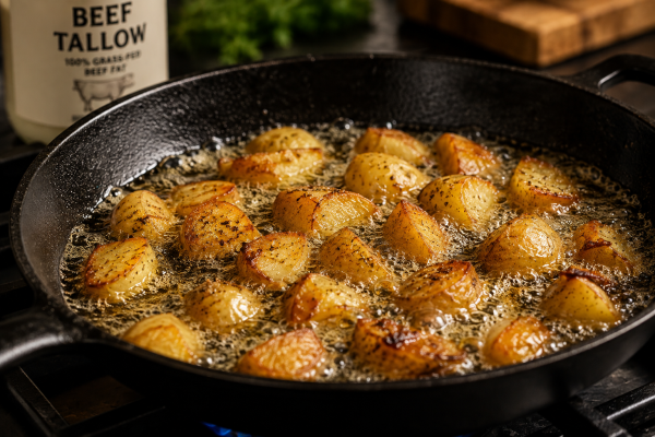 Frying potatoes in rendered beef fat