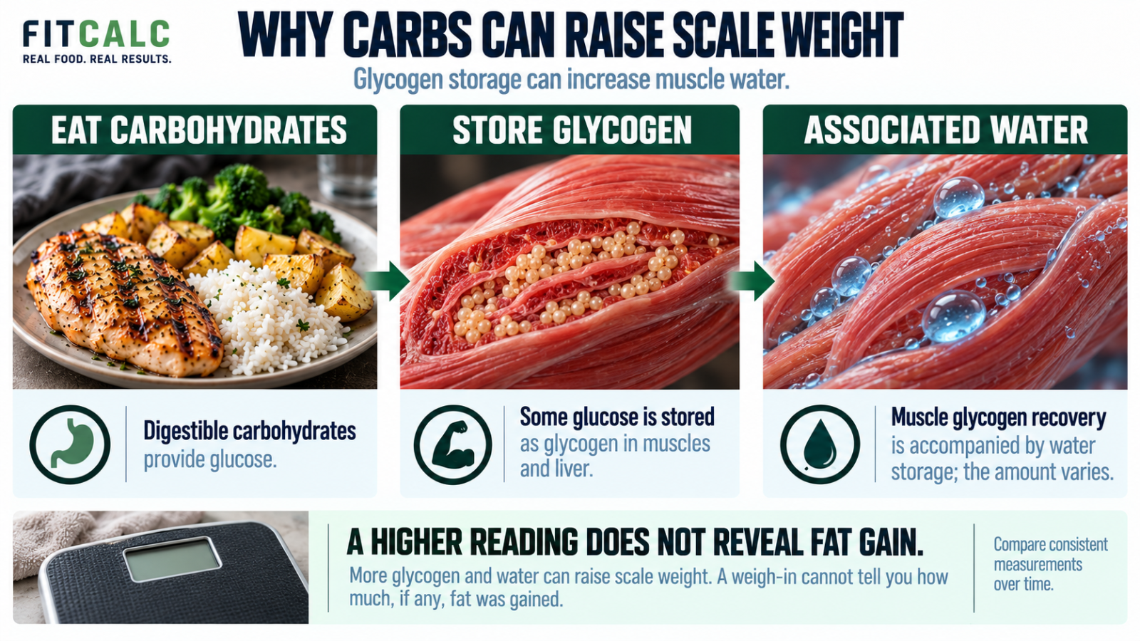 Carbohydrates can replenish glycogen in muscles and liver, with associated changes in muscle water and scale weight.