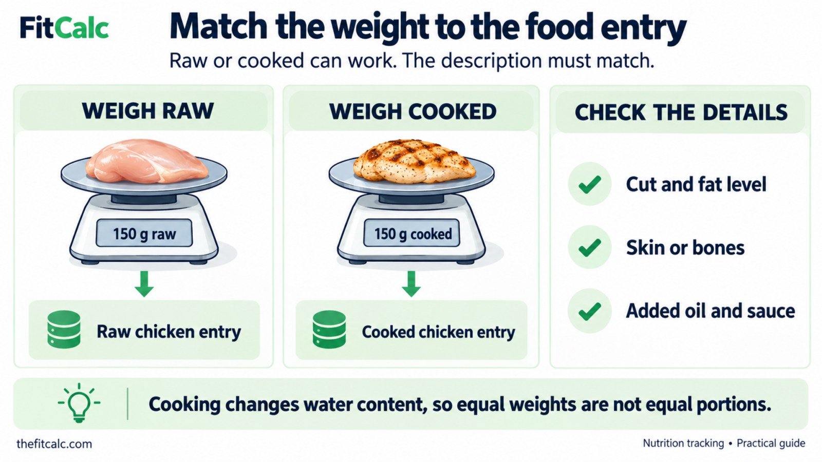Two matching routes: raw chicken weighed raw uses a raw food entry, while cooked chicken weighed cooked uses a cooked entry. Check the cut, skin, bones, and added fats.