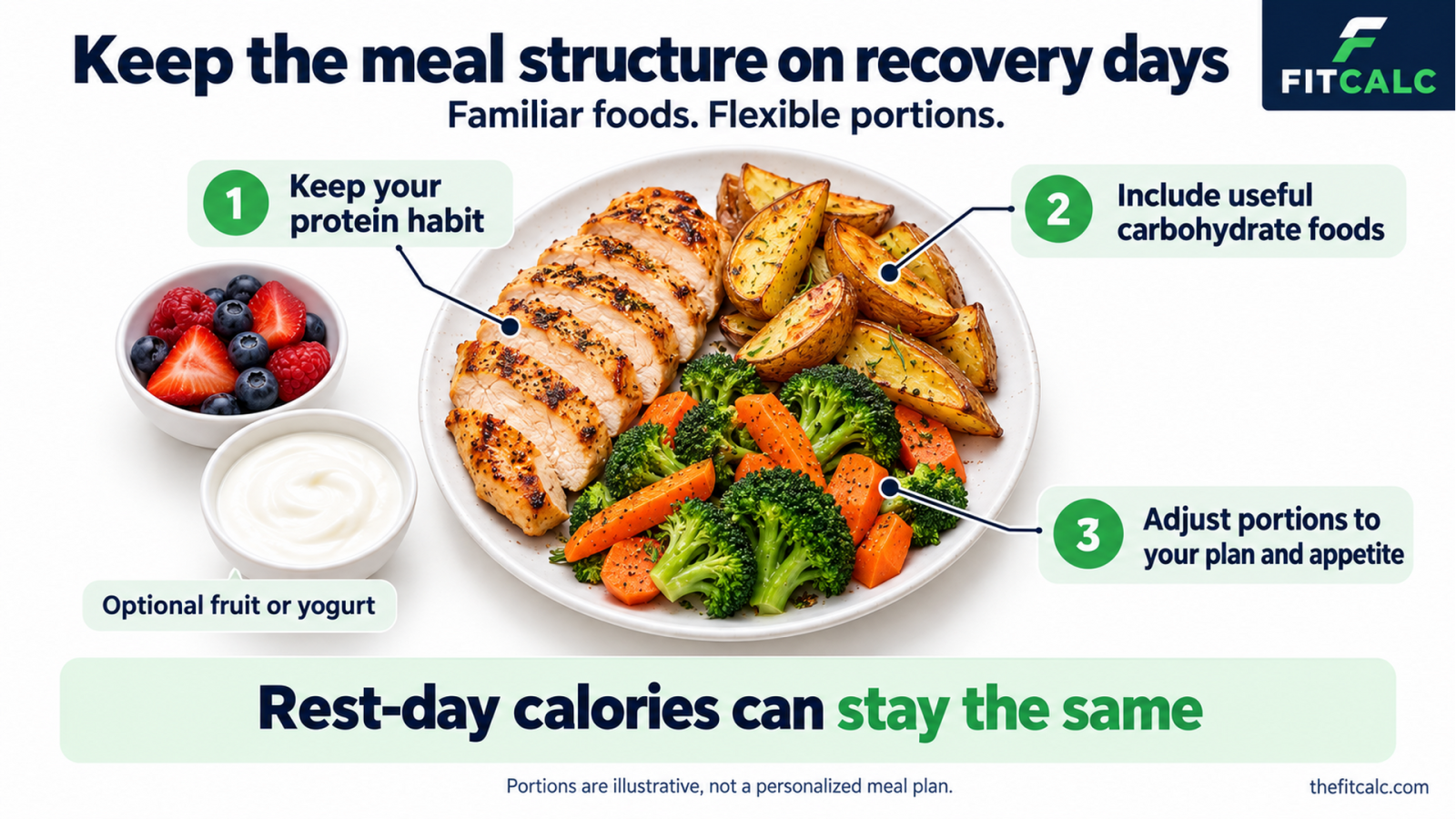 An illustrative recovery-day meal with chicken, skin-on potatoes, vegetables, and optional fruit or yogurt, emphasizing consistent protein and adjustable portions.