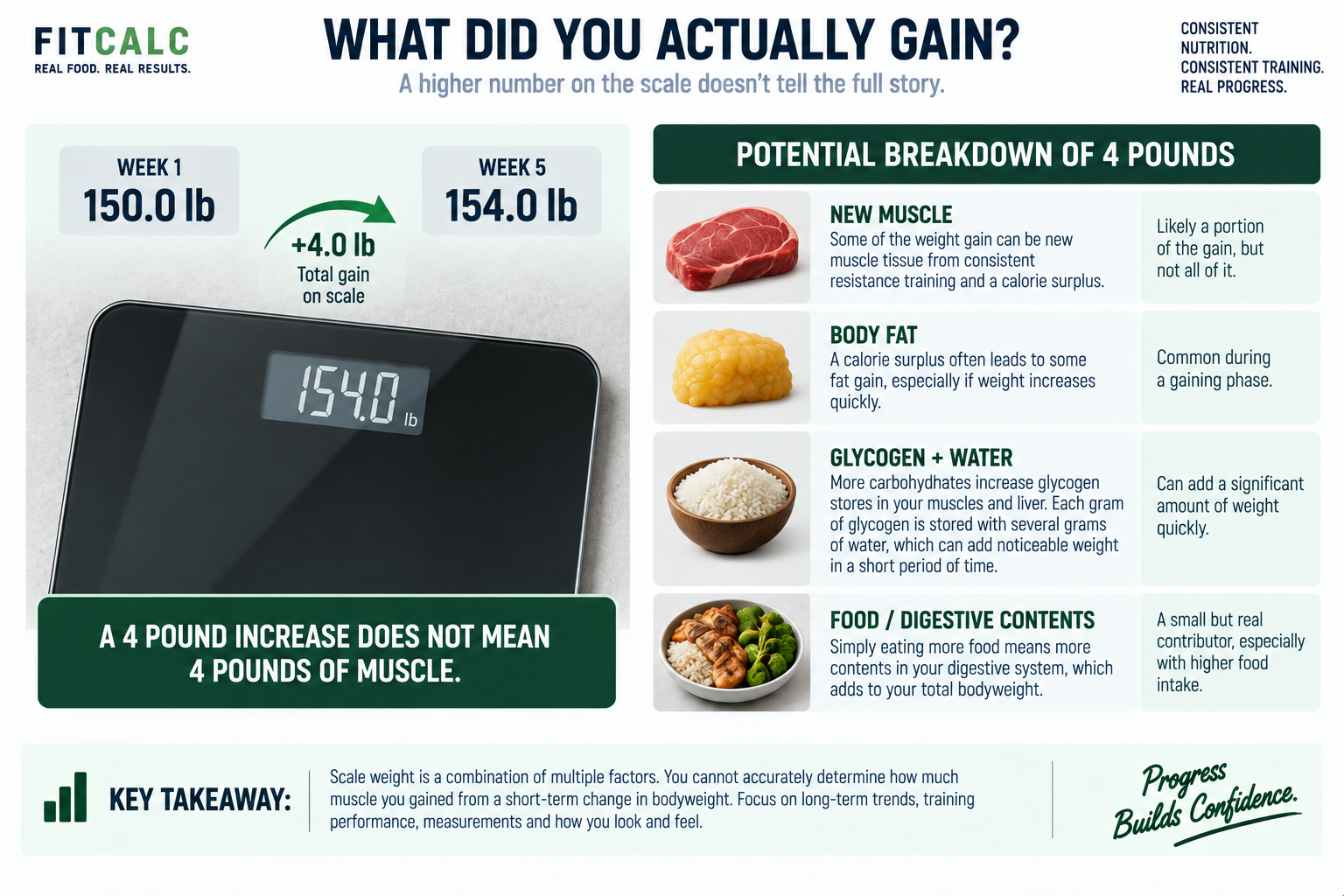 FitCalc graphic showing an increase in scale weight separated into potential new muscle, body fat, glycogen and associated water, and additional food/digestive contents. Emphasize that gaining 4 pounds on the scale does not mean gaining 4 p