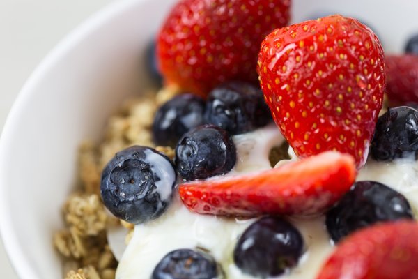 Berries in a bowl of Greek Yoghurt
