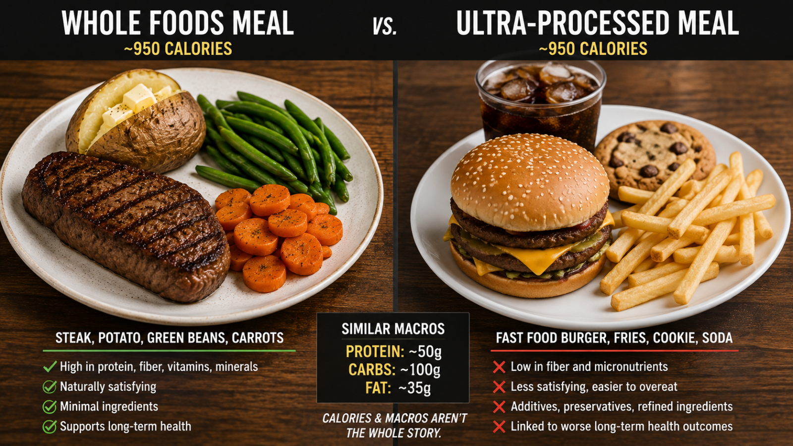 A direct comparison between ultra-processed foods and whole foods.