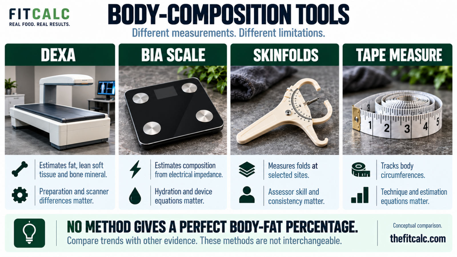 Conceptual comparison of DEXA, BIA scales, skinfold calipers, and tape measurements, showing what each measures and its main limitations.