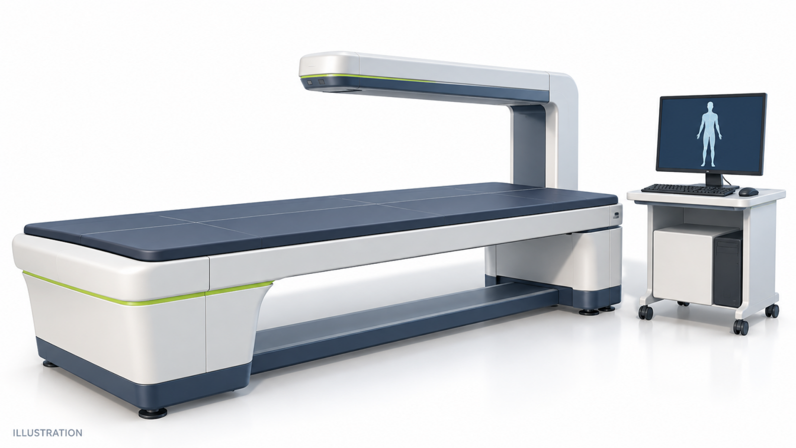 Illustration of an open-table DXA scanner with a slim overhead scanning arm and an adjacent workstation.