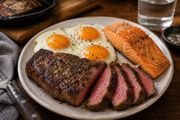 High-protein whole-food meal with beef and eggs for supporting muscle growth.