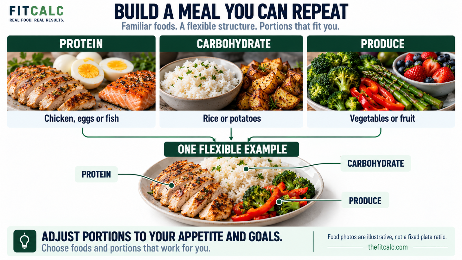 A flexible meal framework: protein such as chicken, eggs or fish; carbohydrate such as rice or potatoes; and vegetables or fruit. Adjust portions to your appetite and goals.