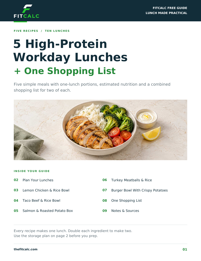 Cover of the FitCalc guide: 5 High-Protein Workday Lunches plus one shopping list